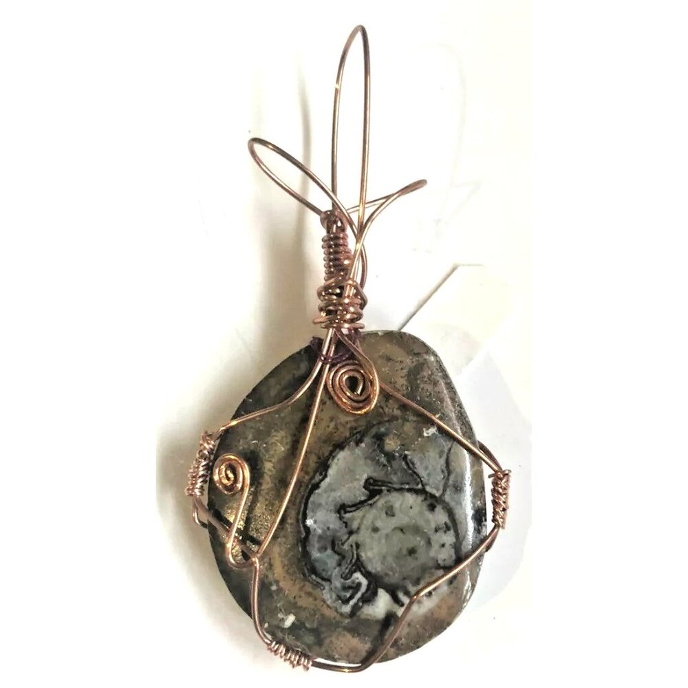 Natural Fossil Pendant for Statement Necklace Artisan Copper-tone Wire Wrap 1.5"